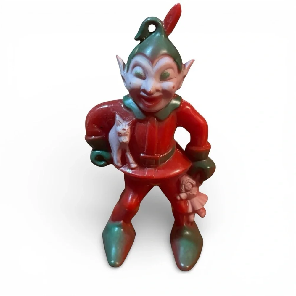 VTG 1940’S ROSBRO PLASTIC RED & GREEN PIXIE ELF ORNAMENT